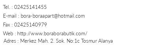 Bora Bora Hotel telefon numaralar, faks, e-mail, posta adresi ve iletiim bilgileri